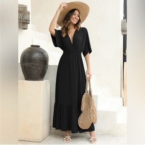 V Neck Batwing Flowy high waist Maxi dress Dark Blue M